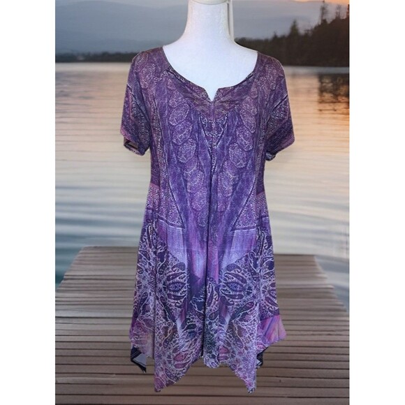 One World Abstract Cold Shoulder Sharkbite Studded Boho Purple V-Neck Tunic Sz M - Picture 1 of 9